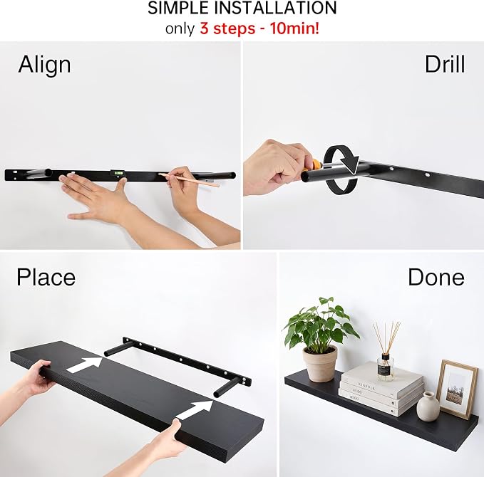 BAYKA Floating Shelves for Wall, Set of 3, 35.4 Inches Long Black Wall Mounted Rustic Wood Shelves for Bathroom, Bedroom, Living Room or Kitchen, for Book/Storage/Decor with 30lbs Capacity