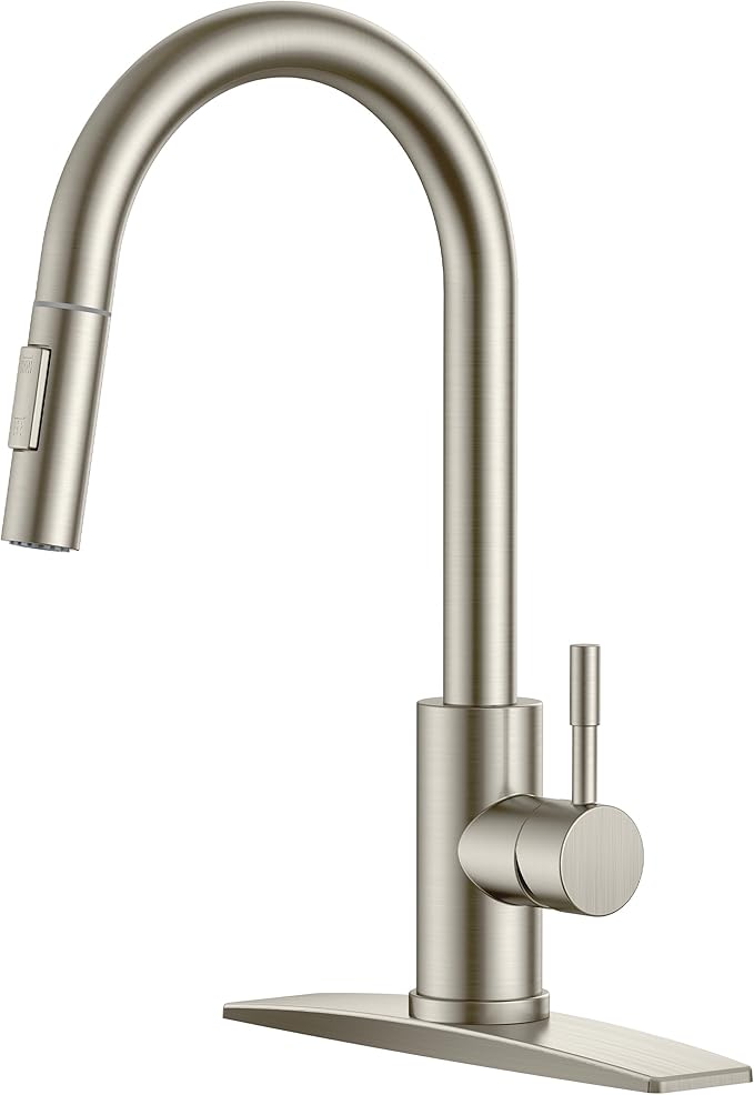 FORIOUS Kitchen Faucet with Pull Down Sprayer, Brushed Nickel High Arc Modern Classic Sink Faucet Stainless Steel with Deck Plate Fit for 1 or 3 Hole for Pot Filler Bar Farmhouse Laundry Rv