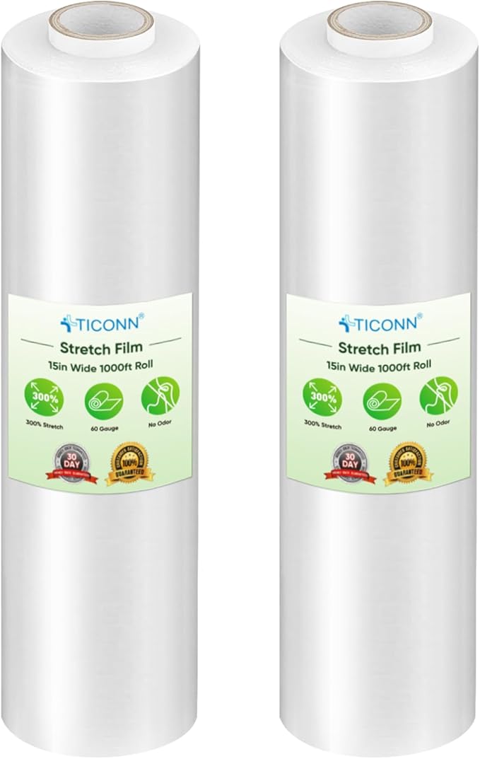 TICONN 2Pk Stretch Wrap Stretch Film Roll, 1000ft Industrial Strength 15 inch Wide Clear Plastic Wrap for Pallet Wrapping Shipping Moving (No Handles)