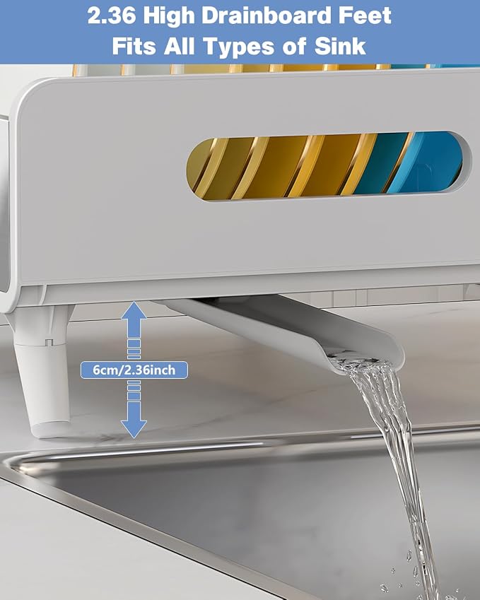 Dish Drying Rack, Thicker Premium Aluminum Frame and 304 Stainless Steel Plate Rack for Kitchen Counter, Automatic Drainage Spout, Dish Drainer & Drainboard Set with Utensil Holder, White