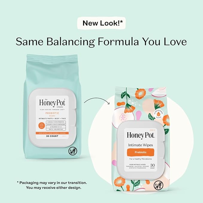 The Honey Pot Company - Feminine Wipes - Prebiotic - Herbal Infused w/Aloe Vera, Apple Cider Vinegar, & Probiotics - pH Balanced - Feminine Care for Sensitive Skin - Cleansing Wipes for Women - 30ct