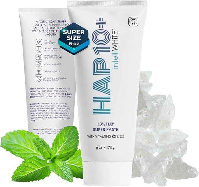 intelliWHiTE HAP10+ Super Paste Vitamin D3 & K2 – 10% Hydroxyapatite Toothpaste for Remineralization & Sensitive Teeth Tested 90% Stain Removal – Fluoride-Free – 6 fl oz Value Size – Made in USA