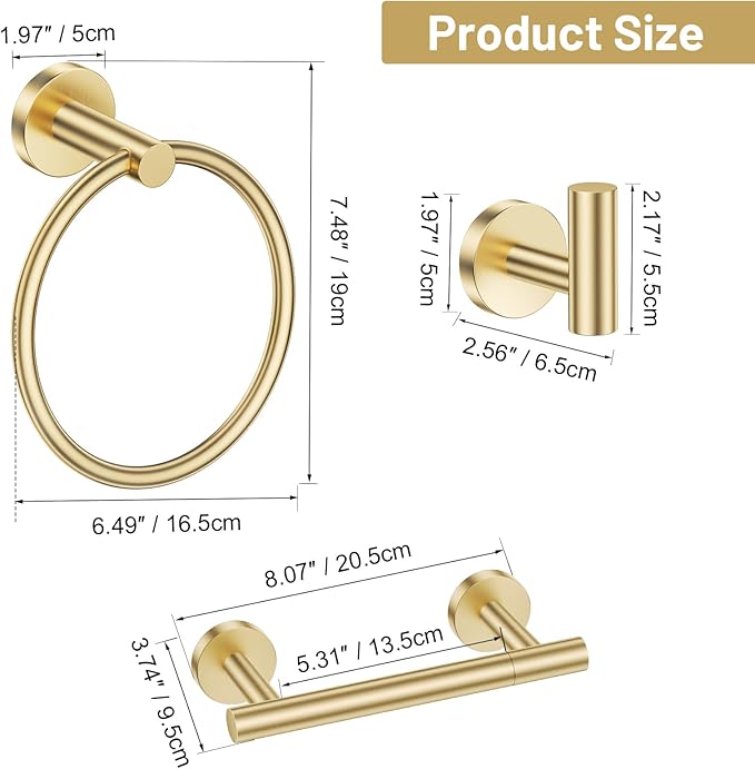 Lairuier Brushed Gold Towel Holder Set Include Double Bases Toilet Paper Holder,Towel Ring and 2 Towel Hooks Stainless Steel Wall Mounted Bathroom Hardware Accessories Set