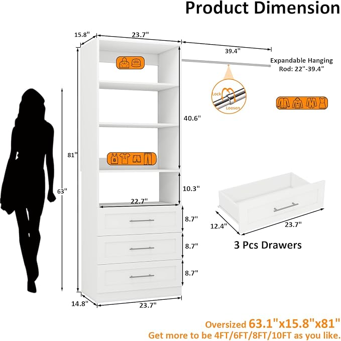 Closet System with 3 Drawers and Shelves, Closet Organizer System, Walk In Closet System, White(VO-008)