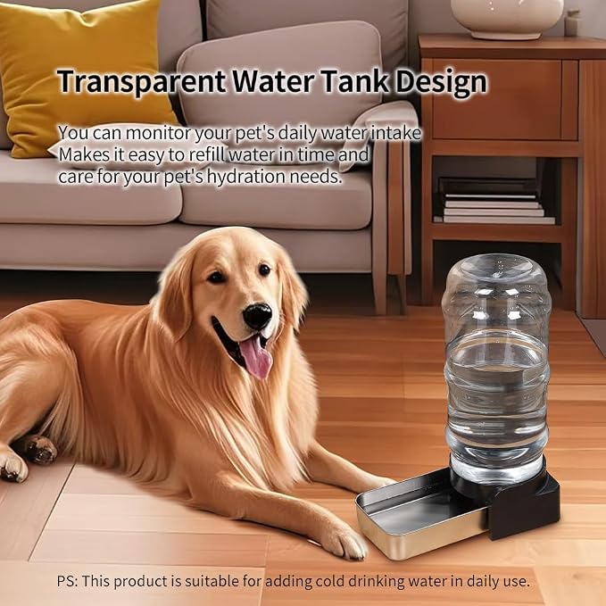 PAKEWAY 1.6 Gallon Gravity Dog Water Dispenser, Automatic Pet Waterer with Stainless Steel Bowl, Transparent Tank and 3 Filters for Medium Dogs and Cats, 6.1L