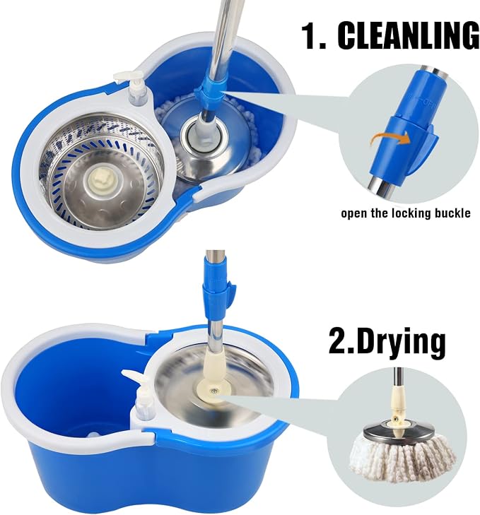 Spin Mop and Bucket with Wringer Set, 6 Mop Refills, 61" Handle (2 Sets) | 360° Spinning Mop System with Stainless Steel Extended Handle & 6 Microfiber Refills for Floor Cleaning