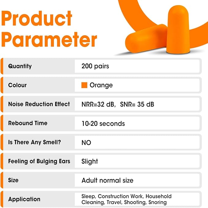 AZEN 200 Pairs Ear Plugs, NRR 32dB Soft Foam Ear Plugs for Sleeping Noise Cancelling, Earplugs for Concerts Shooting Swimming Noise Reduction,Individually Wrapped (Orange)