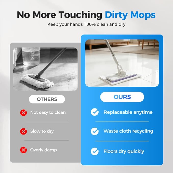 Disposable Dust Mop with 10 Reusable Cloths, 2026 New Convenient Cloth Changing Mini Mop 38" Long Handle Wet and Dry Flat Mopping, Sweeper Stick Lightweight Snap for Corners Multi Surface (10 Clothes)