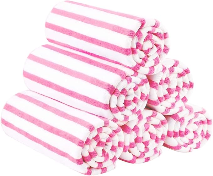 JML Microfiber Beach Towels Set of 6, 27" x 55", Cabana Stripe Pink | Hanging Loop, Soft, Absorbent & Quick Dry, Lint Free, Fade Resistant, for Summer Party, Swimming, Pool, Yoga, Camping