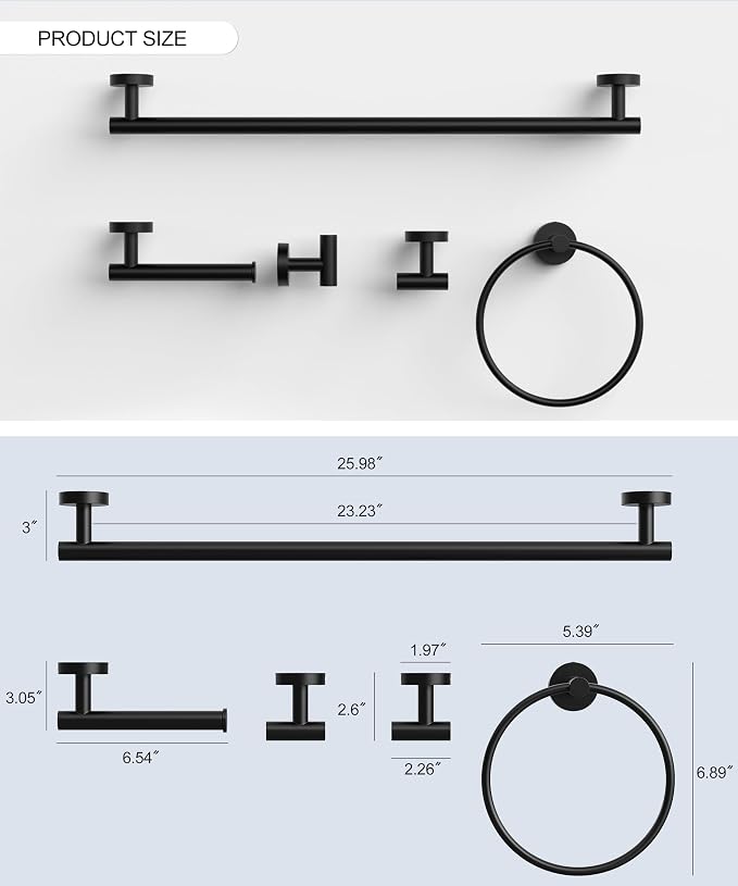 Matte Black Bathroom Hardware Accessories Set 5 Pcs SUS304 Stainless Steel Towel Rack and Toilet Paper Holder Set 26 Inch Towel Bar Set Wall Mounted by HOMEMYSTIQUE