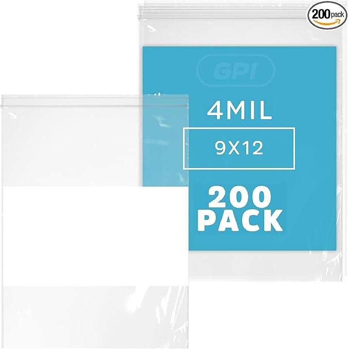 GPI - 9" x 12" - Bulk Pack of 200, 4 Mil Thick, Heavy Duty, Clear Plastic Reclosable Zip Bags, With Write-on White Block for Labeling, Strong & Durable Poly Baggies With Resealable Zipper Top Lock.