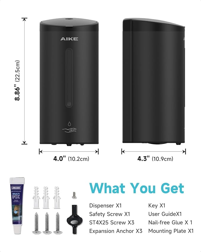 AIKE Automatic Liquid Soap Dispenser,25oz Capacity for Bathroom,Matteblack | No-Drill and Screw Wall Mount Install Design for Space-Saving,4*AA batteries(Not Included) Ensure Long Standby,Model AK1205E