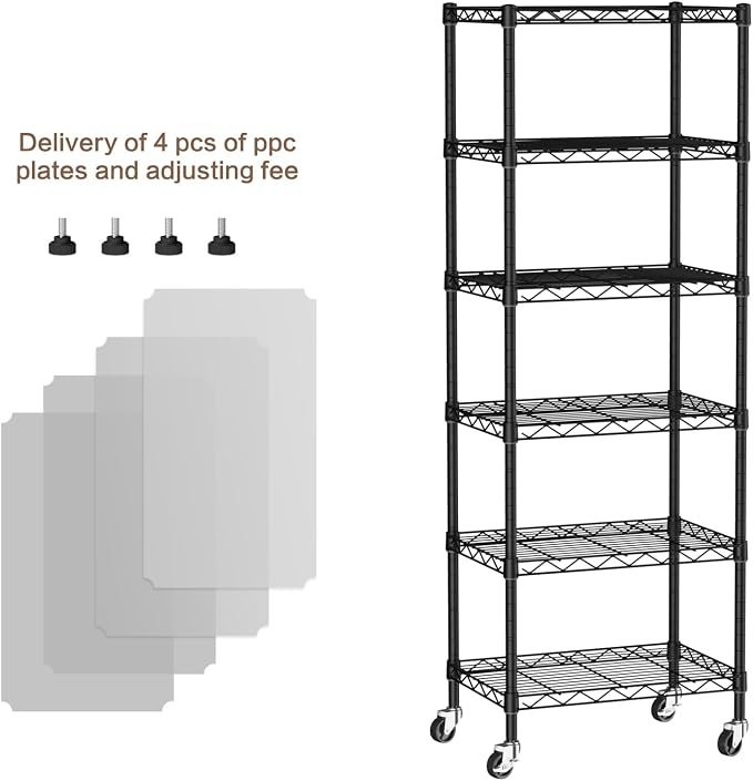 Golpart Small 6 Tier Shelves Storage Wire Shelving Unit Metal Shelf Adjustable Organizers Storage Shelving with Wheels for Bathroom Laundry Room Kitchen Pantry11.7”D x 17.7”W”W x 61.6”H Black
