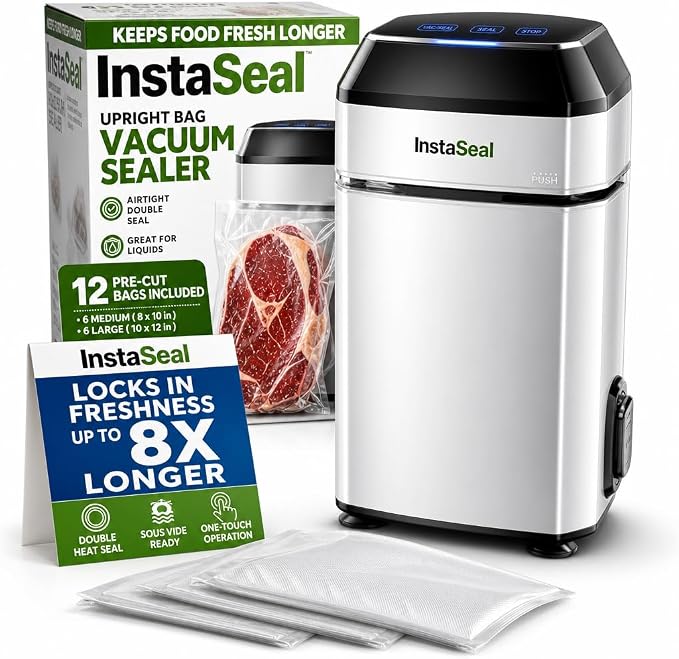 InstaSeal Upright Vacuum Sealer for Food with 12 Bags | Preserves Foods 5x Longer, Space Saving Compact Design, Seals Liquids, Soups & Marinades Mess-Free for Sous Vide Cooking