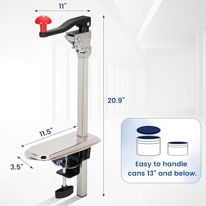 Commercial Can Opener Heavy Duty for Large Cans up to 13", Industrial Tabletop Manual Can Opener with 9Cr18MoV Steel Blade and Plated Steel Base, Dual Mount System for Restaurant Kitchens