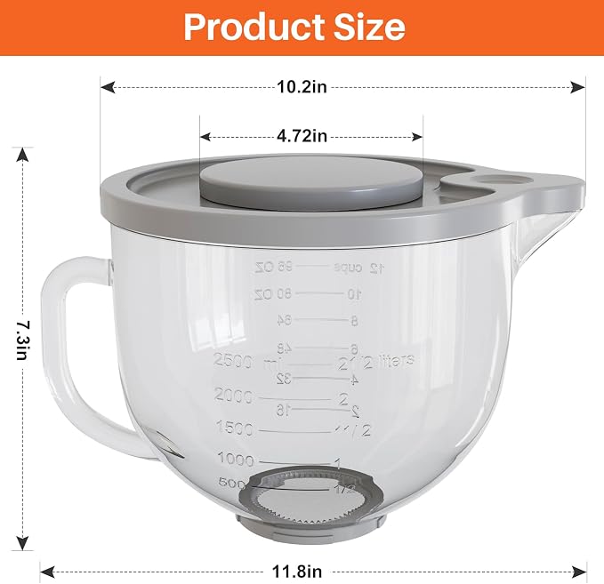 Glass Bowl Compatible with KitchenAid 4.5 & 5-Quart Tilt-Head Stand Mixers | Includes Lid, Measurement Markings & Spout Cover – Dishwasher, Microwave & Freezer Safe