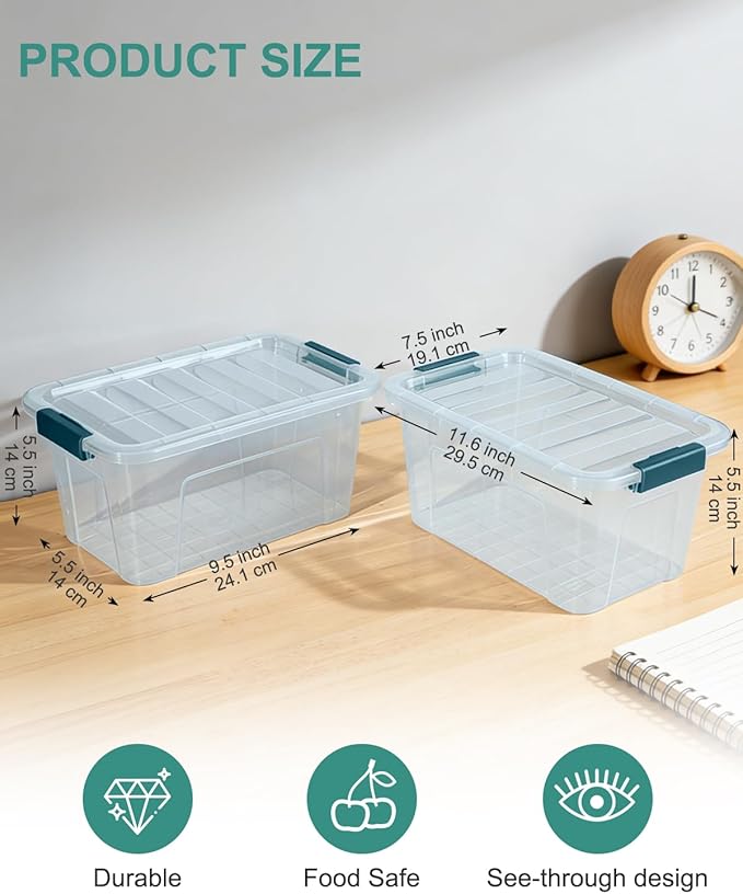 Storage Bins with Lids 6 Pack Clear Storage Containers, 7 Quart Stackable Plastic Containers with Secure Buckle Latch, Durable Storage Box Organizer for Pantry, Closet, Office & Classroom, Blue