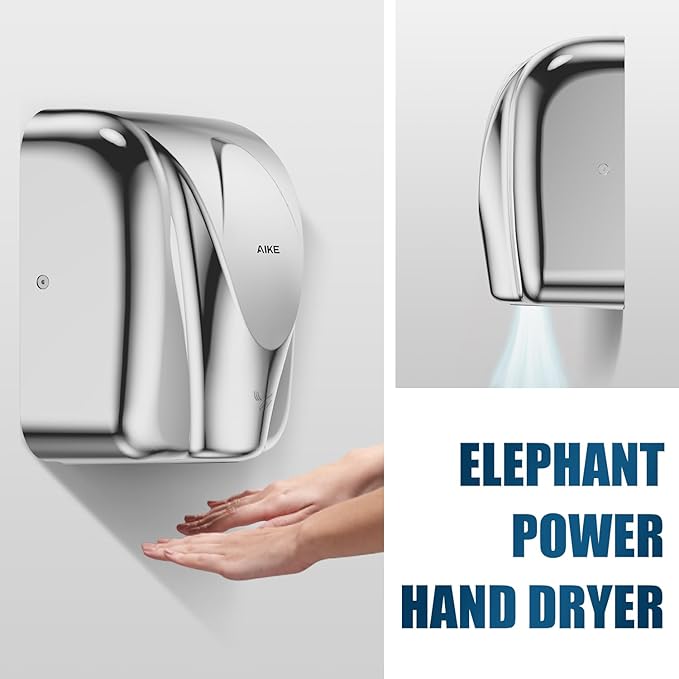 AIKE Elephant Power Commercial Hand Dryer High Speed Auto Warm Wind, Polished Stainless Steel Cover AC110V-130V Model AK2812