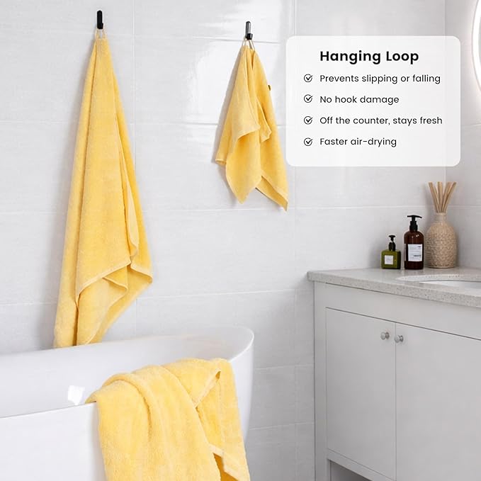 SEMAXE Bath Towel Set, 12 Piece Cotton Towel Set for Bathroom, More Towels for Family Use, Quick Dry with Hanging Loops, Easy Care, Yellow