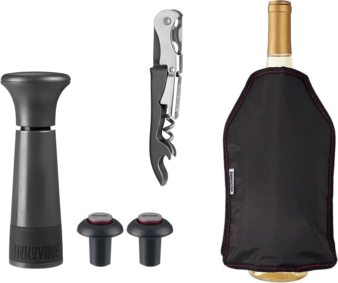 Chilled Wine Pro 5-Piece Gift Set, Graphite – Vacuum Pump Wine Saver with 2 Stoppers, Double-Hinge Waiter’s Corkscrew, Freeze Gel Wine Bottle Sleeve | Preserve, Uncork & Chill