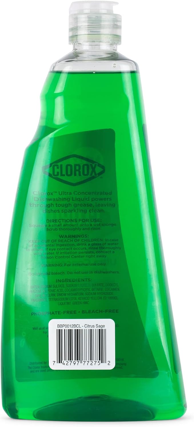 Clorox Ultra Concentrated Liquid Dish Soap with OXI, Citrus and Sage Scent - Bleach-Free Dermatologist Tested Dishwashing Detergent That Powers Through Grease, 26 Fl Oz