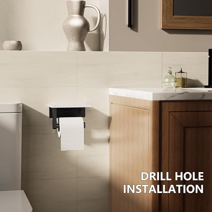 Marble Toilet Paper Holder with Shelf, Evolvegoods Matte Black Bathroom Toilet Paper Holder Wall Mount, 304 Stainless Steel Modern Toilet Paper Roll Holder Storage Tissue Holder