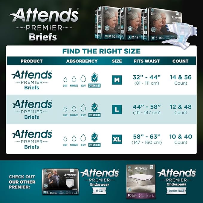 Attends Premier Adult Disposable SmartCool® Briefs, Medium, 32"-44" High-Rise Waist Tab Closure, Premium Overnight Dry-Lock Protection, Odor Control, 14ct Bag