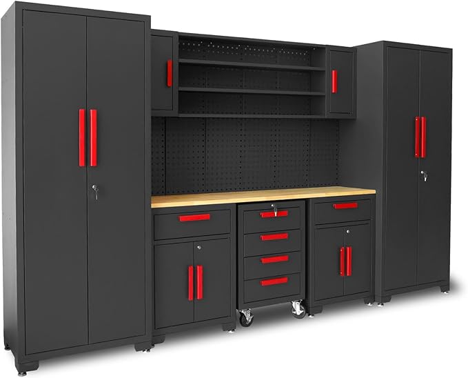 Torin Garage Storage Cabinets System, 8-Pcs Workshop Cabinet Set in Black | Included Steel Cabinets Drawers Rolling Chest and Pegboard,Locked Garage Storage Cabinet