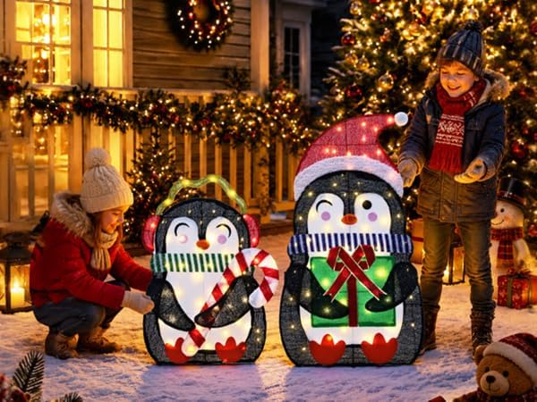35" Lighted Penguins Christmas Outdoor Yard Decorations