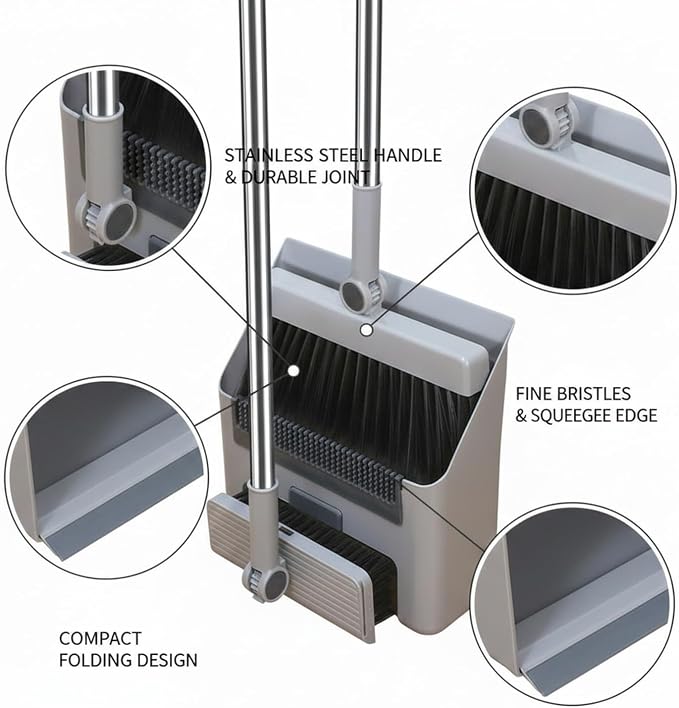 Foldable Broom and Dustpan Set with Squeegee, Stainless Steel Handle for Hard Floors, Compact 1.57-Inch Storage for Kitchen and Bathroom