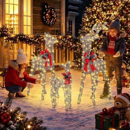 3D Large Pre-Lit Christmas Deer Family Set with Timer&Remote Control-Rattan