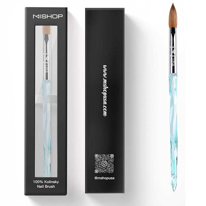 M ProK 100% Kolinsky Acrylic Nail Brush – Professional Nail Brush for Acrylic Application with Crystal Blue Handle – Handcrafted Salon Quality Tool (Size #14)