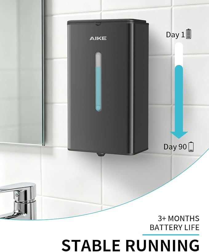 AIKE Heavy Duty Automatic Soap Dispenser,33.8oz for Bathroom,Matteblack | 5-Level and Savety Key for Commercial(4*AA Batteries Not Included),Screw Wall Mount for Space-Saving,Stainless Steel AK1207