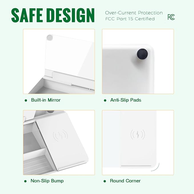 SELEAD Desktop Glass Whiteboard with Wireless Charger & Built-in Mirror, Dry Erase Board Computer Pad Keyboard Stand with Organizer for Home, School, Office Desk Accessories, White