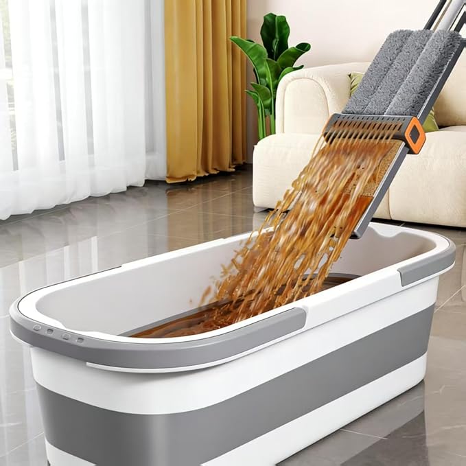Flat Mop & Bucket Set with 6 Reusable Pads | Foldable Hands-Free, Microfiber, Wet/Dry Use, For Tile, Laminate, Wood Floors, Walls, Windows