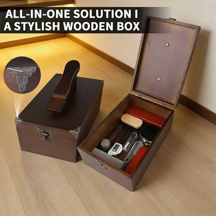 Shoe shine box kit,vintage wooden shoe polish box,storage box,shoe shine brush,Shoe Care kit for Leather shoes products Accessories.essentials shoe shine Care & Cleaning tools Gift for men&women.