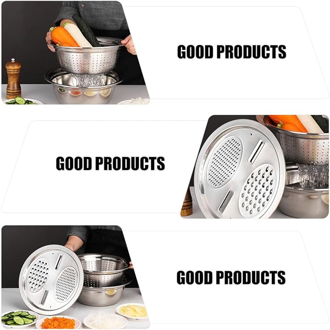 Stainless Steel Kitchen Grater with 26cm Strainer Basin, Multipurpose Vegetable Peeler Grater Set for Fruit Slicing and Salad Preparation, 3pcs Multifunctional Cutting Bowl