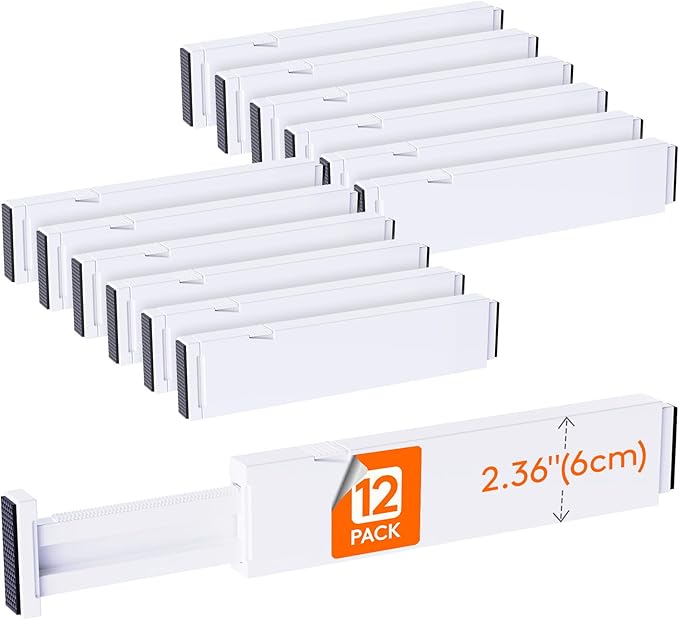 Lifewit 12 Pack 2.36" High Drawer Dividers 28-43.5cm/11-17" Adjustable Drawer Organizer for Clothes/Utensils, Expandable Drawer Separator in Dresser/Kitchen/Bedroom/Office Organization & Storage White