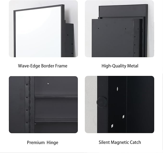 Brushed Sliver Metal Medicine Cabinet Right-Angled Rectangle-Design,Bathroom Mirror with Storage, Recessed or Surface Mounted, 2 Adjustable Metal Shelves (Brushed Black, 16x24)