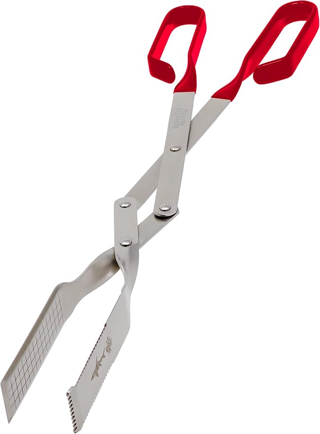 Steak Grill Tongs - 17 inch Red. Professional outdoor grilling utensil. Long reach Barbeque Grilling Tongs. Ideal for steak, fish, burger, and sausage