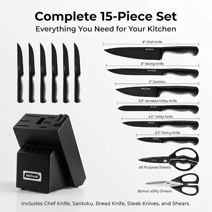 McCook Knife Set Black Kitchen Knife Block Set w Built-in Sharpener | German Forged Stainless Steel,15 PC,Razor Sharp, Anti-Rust,Ergonomic Handle,Full Tang,Dishwasher Safe,Gift Box