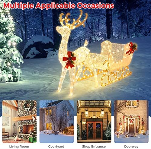Tangkula 6 FT Christmas Lighted Reindeer & Santa’s Sleigh Set, Warm White