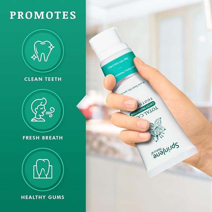 SprinJene Natural Total Care Toothpaste – Fluoride Toothpaste for Cavity Protection & Gum Health – Natural Formula with Patented Black Seed Oil & Zinc – Made in the USA (4 Pack)