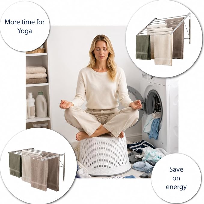 Smartsome | Wall Mounted | Clothes Drying Rack| 22" Wide |15 Linear Feet Capacity | 8 Smooth Round Stainless Steel Rods | 60 lb Capacity | Fully Assembled | Compact Sturdy Space-Saving Design