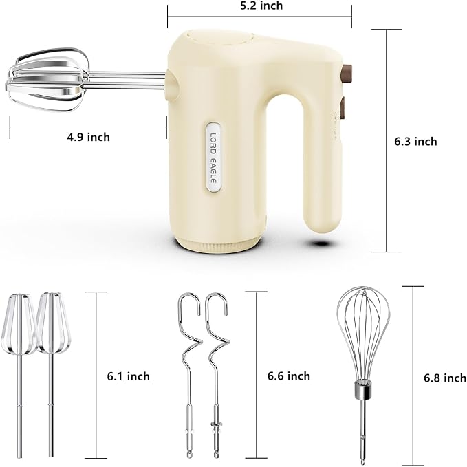 Lord Eagle 5-Speed Hand Mixer Electric, 300W Compact Handheld Mixer, Portable Kitchen Egg Beater with 5 Attachments & Storage Bag, Cake Supplies for Bread Dough Baking, Lightweight, Cream