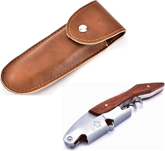 Stainless Steel Red Wine Opener Wood Handle With Leather Professional Multifunction Portable Screw Corkscrew Kitchen Bar Tools(A style with holster)