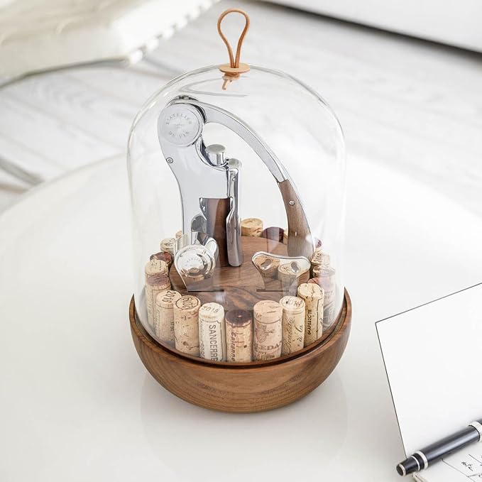 L'atelier Du Vin Oeno Motion Groom Corkscrew & Cork Dome Glass Cloche Display - Tabletop Centerpiece Walnut Wood Base Wine Tasting, Luxury Sommelier Gift Set, Wine Bottle Opener Designed In France