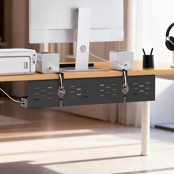 Univivi Under Desk Cable Management Tray - 32" Steel Cord Organizer, No-Drill C-Clamp & Screw Mount for Office/Home, Effortless Wire Management (Black)