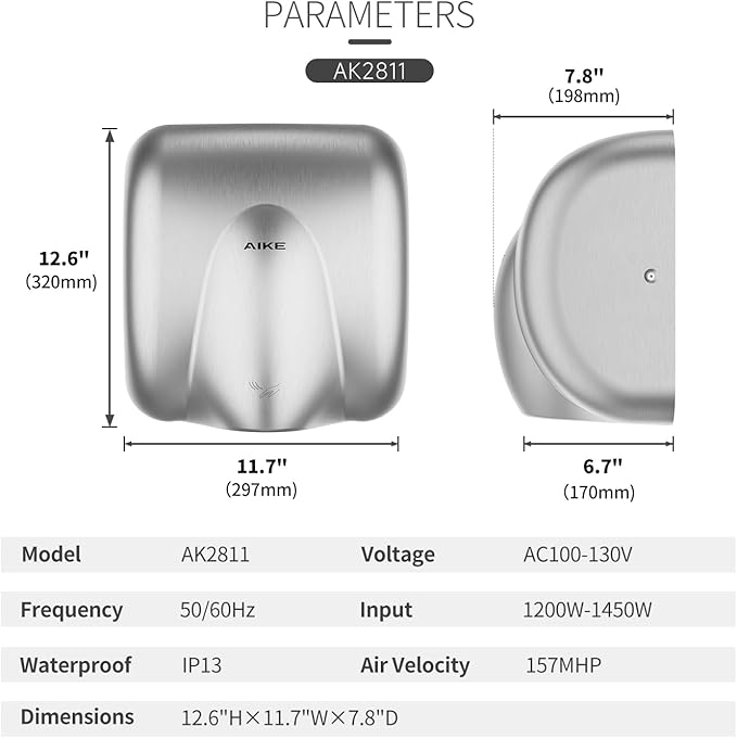AIKE Heavy Duty Hand Dryer Hard-Wired Friendly 110V High Speed Brushed Stainless Finish Model AK2811