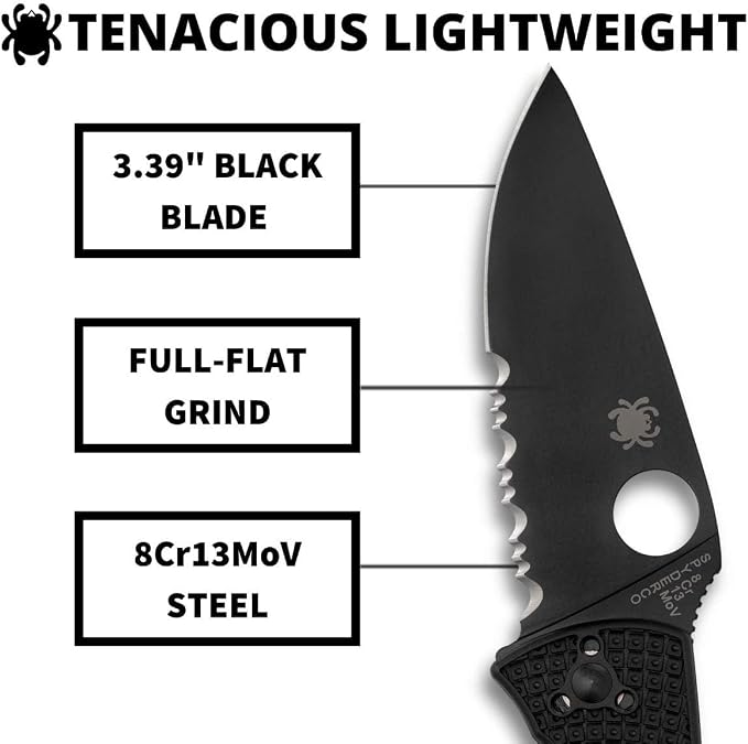Spyderco Tenacious Lightweight Folding Pocket Knife, CombinationEdge | 7.77" Overall Length, 3.3" 8Cr13MoV Steel Blade, Black, FRN Handle, LinerLock, Full-Flat Grind